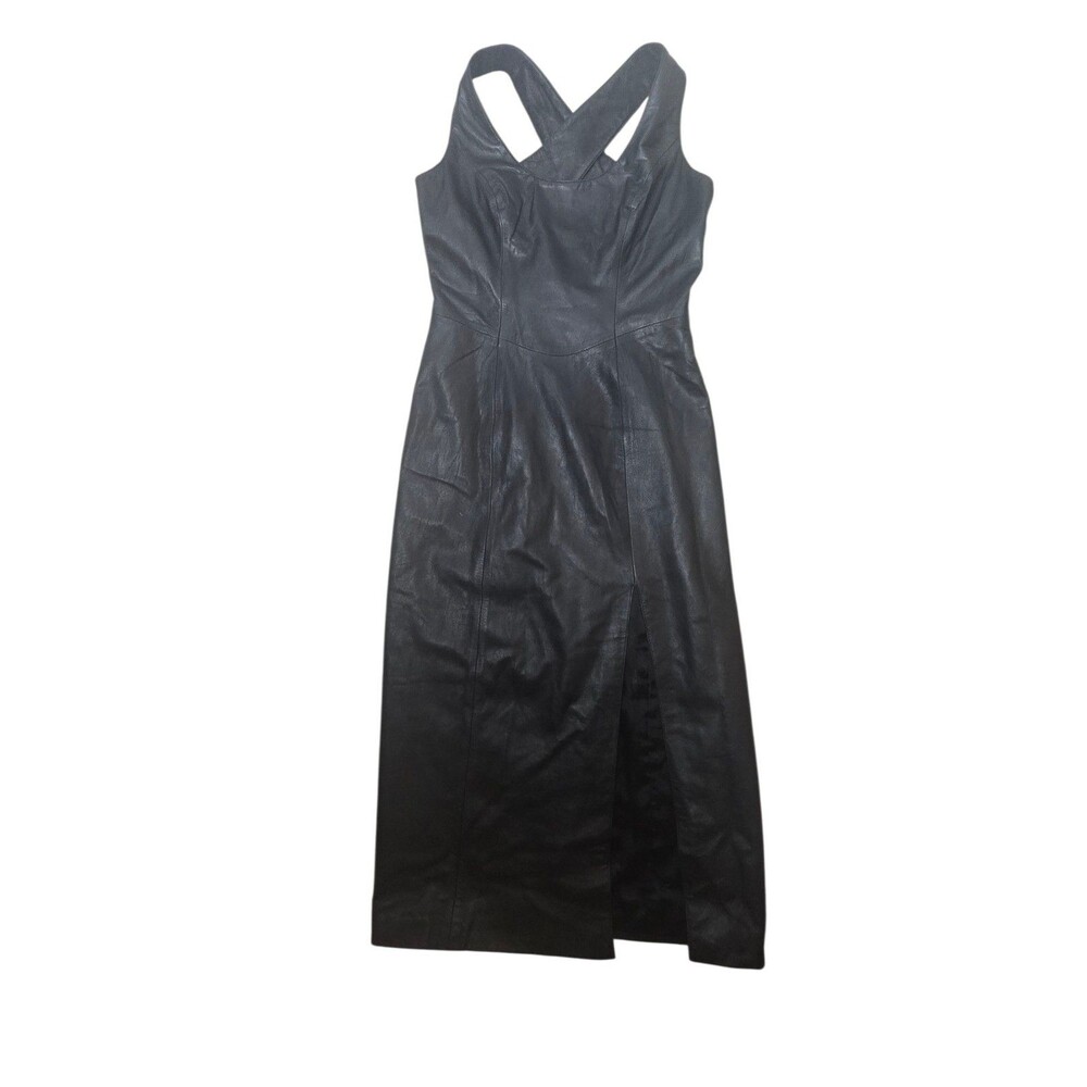 Dabello Womens Leather Dress 8 Black Cross Back Front Slit Midi Bodycon Vintage
